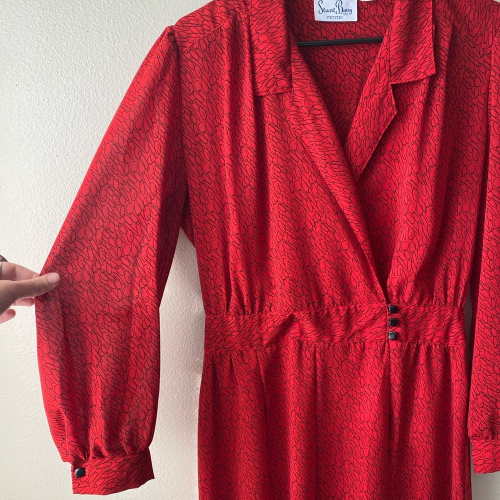80s Red Doodle Semi-Sheer Cocktail Dress VINTAGE - Picture 4 of 10